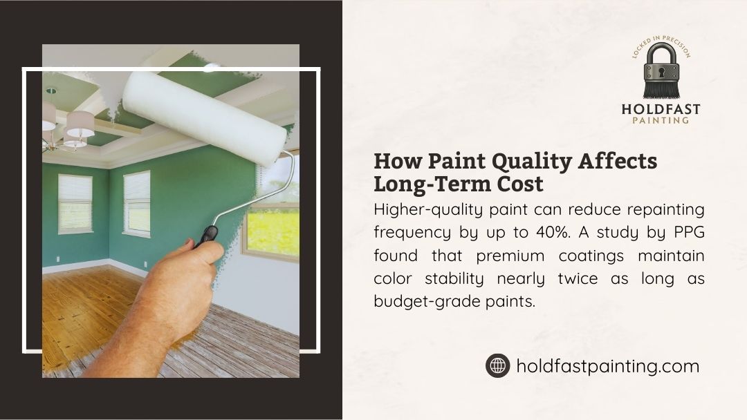 HoldFast Painting infographic: Roller applying green paint to wall. Higher-quality paint reduces repainting by up to 40% & maintains color twice as long as budget paints.