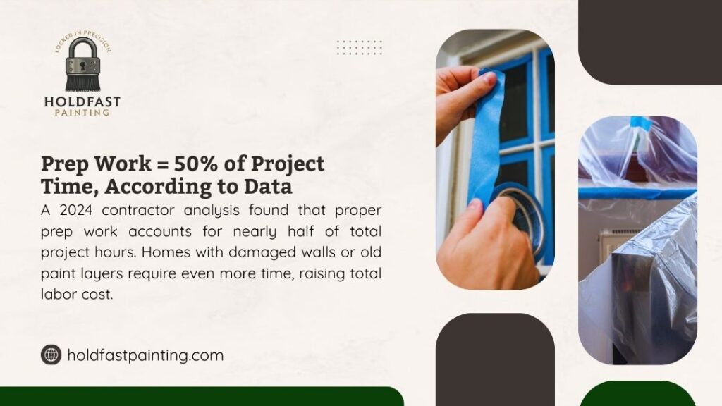 Holdfast Painting: Prep work = 50% of project time per 2024 data. Damaged walls or old paint add hours & cost. Proper prep ensures quality.