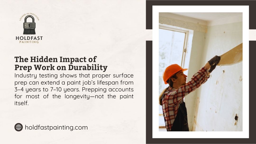 HoldFast Painting infographic: Worker sanding wall in hard hat. Proper surface prep extends paint job lifespan from 3-4 to 7-10 years—prepping matters more than paint itself.